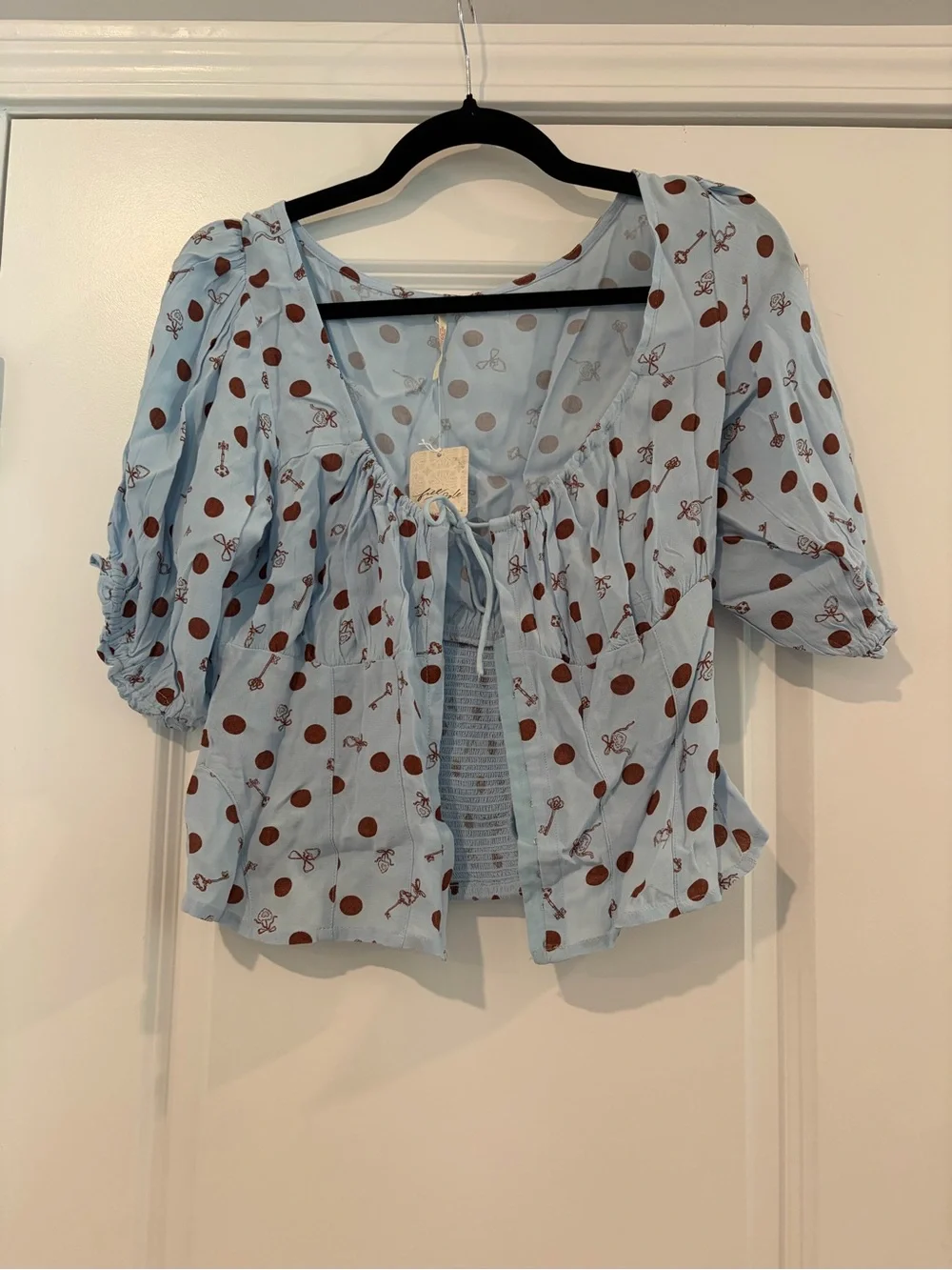 Free People Light Blue Polka Dot Puff Sleeve Tie-Front Corset Top